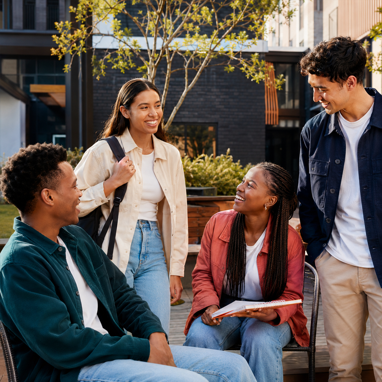 Students from The Student Base chatting together outside